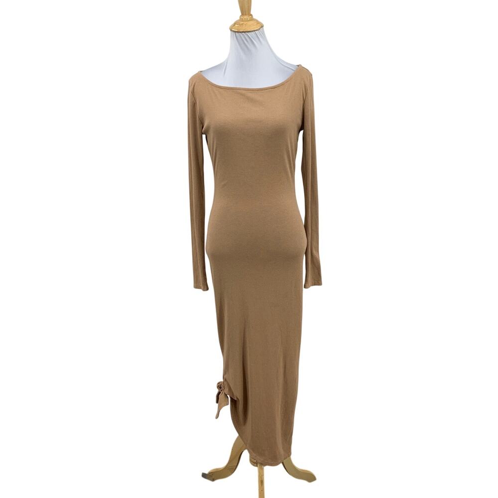Michael Costello Revolve Dress Women S Small Wheat Ribbed Side Knot Bodycon Midi